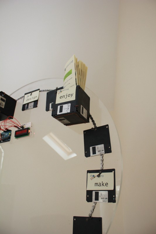 One of our rotating display boards, with old floppies and bike chain