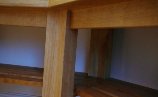The underside of the washstand. The centre leg mortices into the top, and the angled under-rails mortice into the leg.