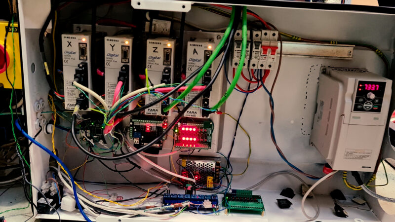 The four servo drives, Ethernet smoothstepper, relay board, 5 & 24V DC supplies, break out board and VFD    
